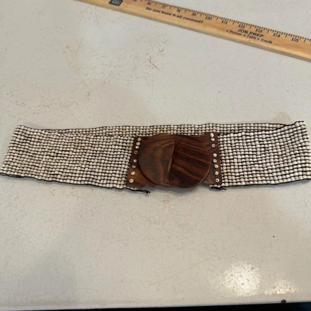 Beaded Waist Belt Women Medium Cream Brown Wood Buckle Boho Tribal Handcrafted